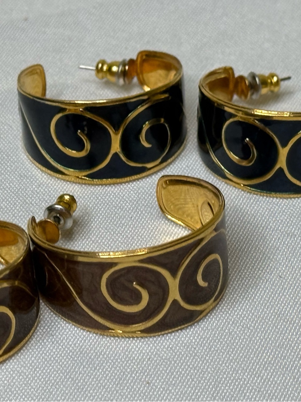 2 Pairs of Beautiful Enamel on Gold Tone Vintage 1980s Earrings